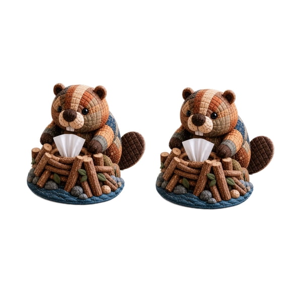 2 pcs Cute Beaver Quilted Fabric Tissue Box Cover, DIY Handmade Sewing Kit Napkin Holder, Decorative Tabletop Tissue Dispenser for Home Bedroom Living Room Bathroom Decor