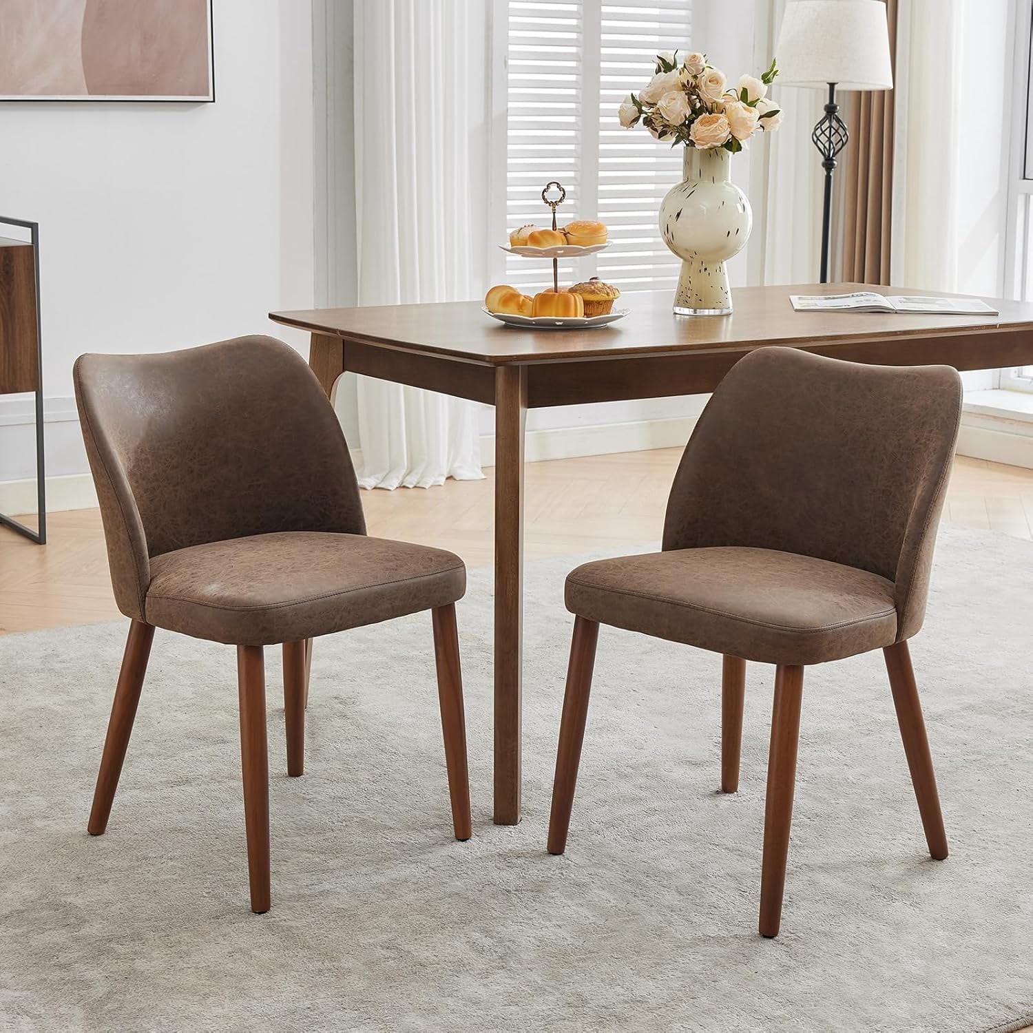 2-pcs Dining Chair,Leather Upholstered Dining Chair with Wood Legs, Wing Backrest, Wooden Kitchen Chair, Kitchen Chairs with Thick Cushions for Dining Room, Living Room