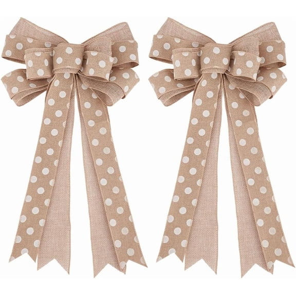 2 pcs Dot Burlap Wreaths Bows Handmade Ribbon Bows 260mm/10.23" Wide 370mm/14.5" Long Natural Rustic Burlap Wreath Decorative Bowknot Ornament for Christmas Festival Holiday Party Supplies for DIY