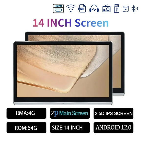 (2 pcs) Dual HDMI 14 Headrest Monitor Display IPS Android 12 4+64G Touch Screen For Car Rear Seat Player BT AirPlay