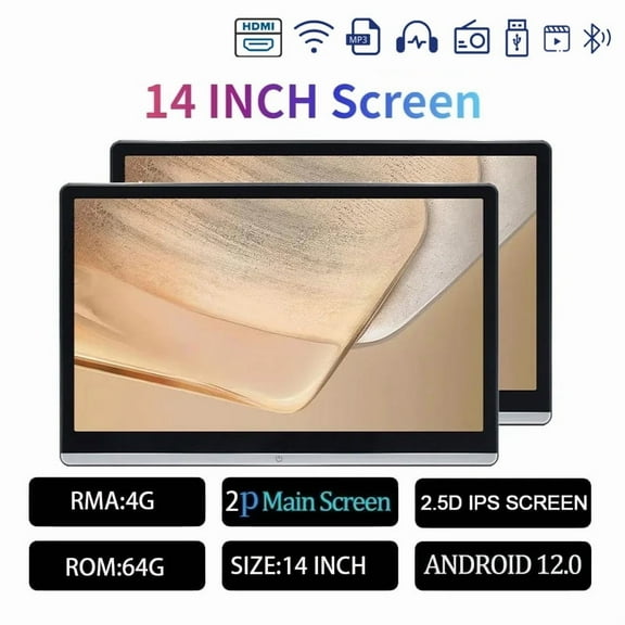 (2 pcs) Dual HDMI 14 Headrest Monitor Display IPS Android 12 4+64G Touch Screen For Car Rear Seat Player BT AirPlay