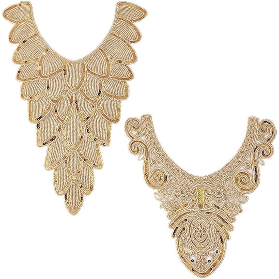 2 pcs Gold Collar Applique 2 Style Sequin Floral Embroidered Applique Trim V-Neck Ethnic Style Collar Sew on Patches Neckline Collar Sewing Accessories for DIY Wedding Dress Cloth colorful