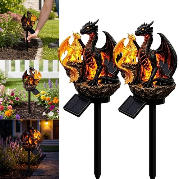 2 pcs,Golden Ember Dragon Solar Lamp Medieval Fantasy Dragon Figurine Solar Light Gothic Outdoor Ground Stake Statue Resin Dual Dragon Landscape Lighting for Garden Halloween Holiday Ornament
