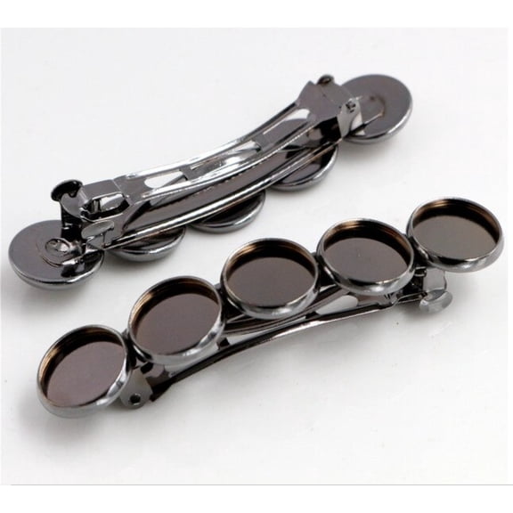 2 pcs Gunmetal French Hair Barrettes Hair Clips - 71mm x 14mm - 12mm Glue Pad - LARGE - 5 Bezels