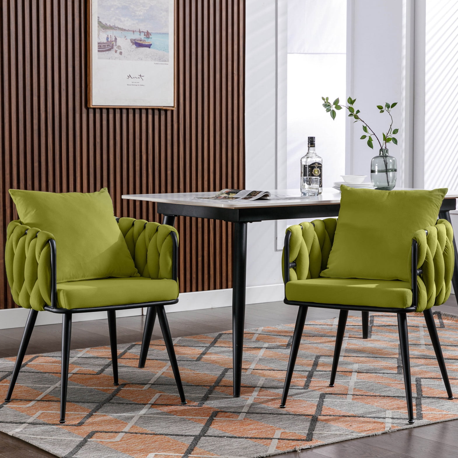 Pure Purple Modern Velvet Dining Chairs Set of 2 Hand Weaving Accent Chairs Living Room Chairs Upholstered Side Chair with Black Metal Legs for Dining Room Kitchen Vanity Living Room Purple