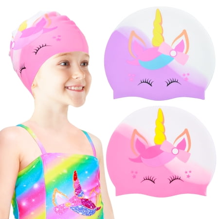 2 pcs Kids Swim Cap Silicone Swimming Cap for Boys Girls (Age 3-12) Cover Ears Waterproof Bathing Cap Keep Hair Dry Swimming Hat for Hair