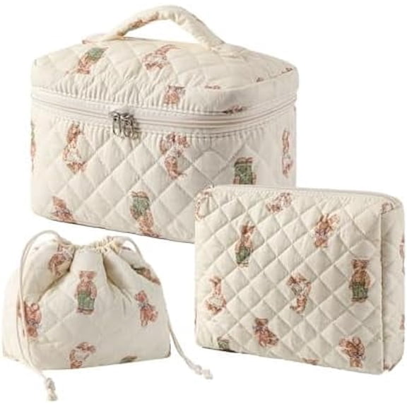 2 pcs Large Floral Quilted Makeup Bag Set for Women, Cotton Quilted Big Cosmetic Bag, Coquette Aesthetic Cute Travel Toiletry Bag