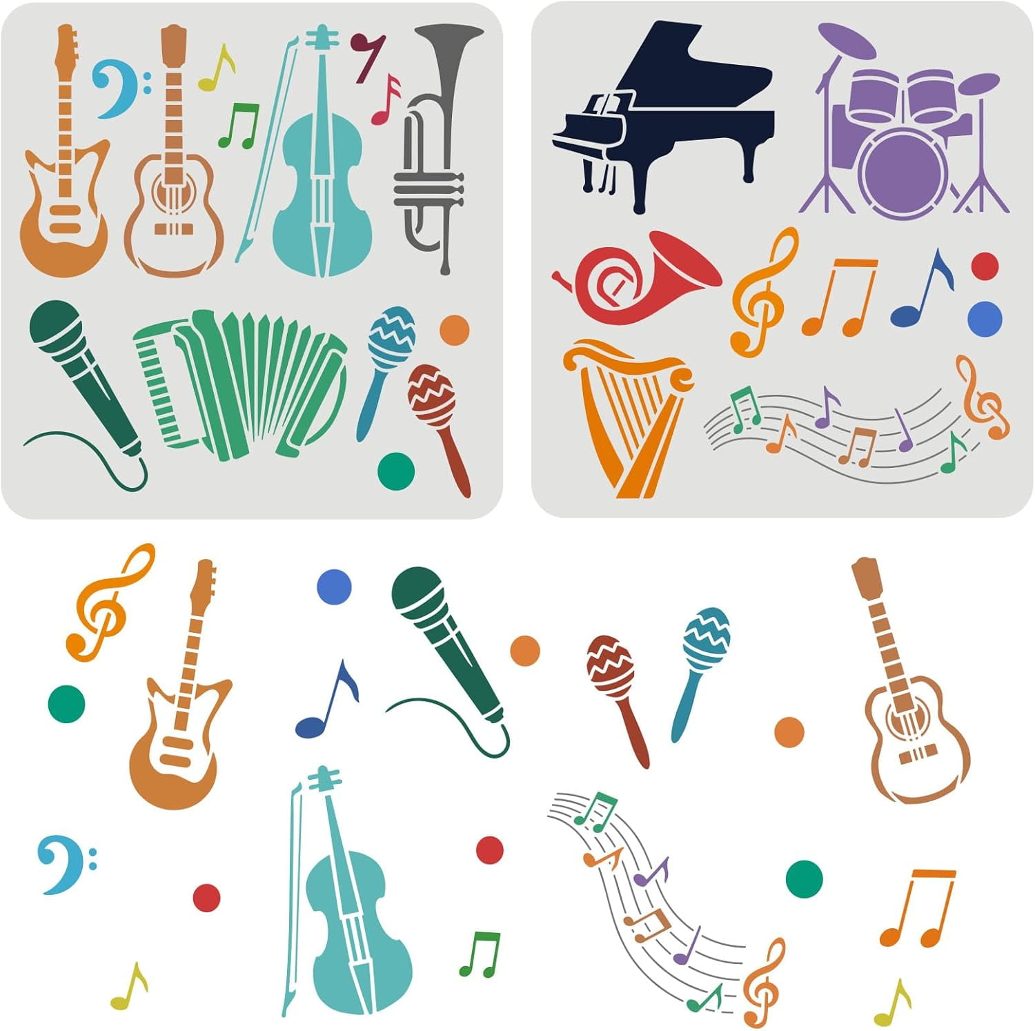 6-Piece Musical Instrument Stencil Set For Painting - Reusable PET Templates (Piano, Violin, Notes) For Wood, Canvas, Walls (11.8" & 8.27" Sizes)