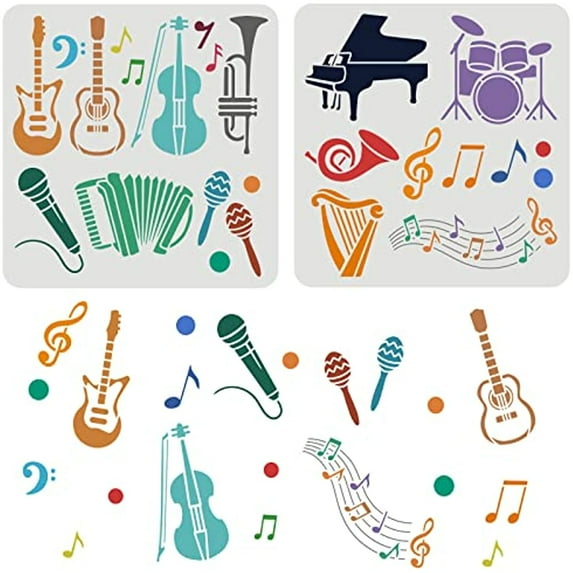 2 pcs Musical Instruments Stencil 11.8x11.8inch Reusable Music Drawing Stencil Rock Band Stencil Orchestra Instruments Stencil for Painting on Wood Floor Furniture Wall and Paper DIY