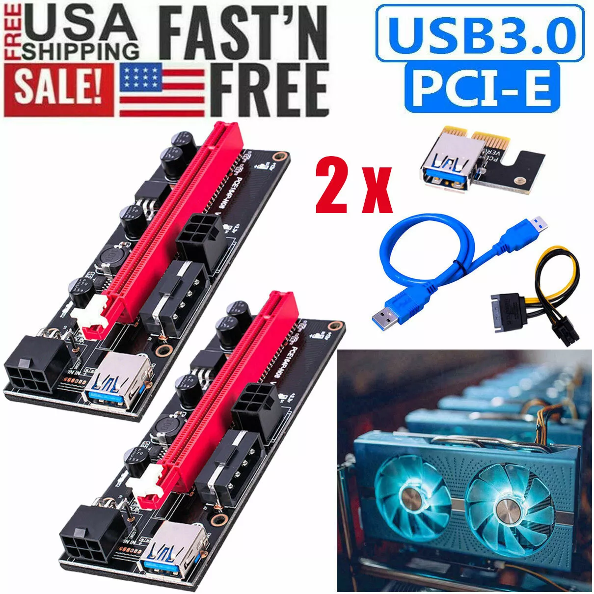 2 pcs Newest GPU Riser VER009S PCIE Riser 6 PIN MOLEX For GPU Mining ...