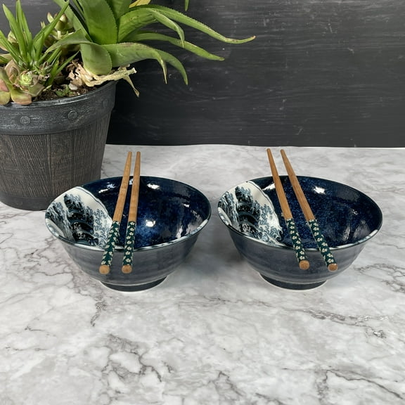 2 pcs Oriental Wave Design Blue Ceramic Rice Bowl Soup Bowl with chopsticks, 6"wide, 16 fl oz