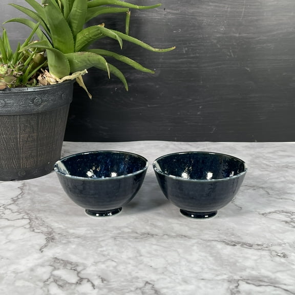 2 pcs Oriental Wave Design Blue Ceramic Small Rice Bowl