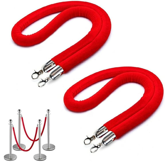 XINLTC 2 pcs Red Velvet Stanchion Rope, 6 Feet Crowd Control Safety Barriers with Polished Silver Hooks, Thick Stanchion Queue Barrier Rope for Carpet Events Movie Theaters Grand Opening