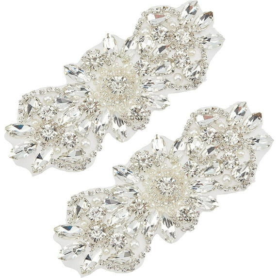 2 pcs Rhinestone Applique for Dress Iron on/Sew Rhinestone Patch with Beaded Flower Shape Hotfix Sewing Appliques for Bridal Dress Headpiece Belt Shoes or Item Decoration