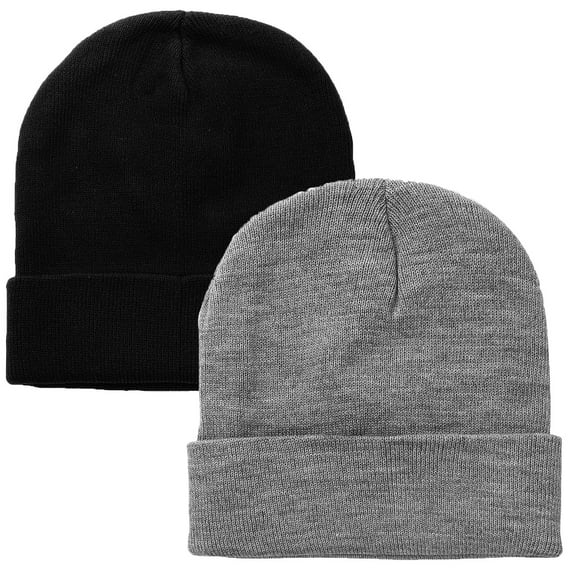 2 pcs Set Men Women Knitted Beanie Hat Ski Skully Cap Plain Solid Color Warm Great for Winter Black & Light Gray