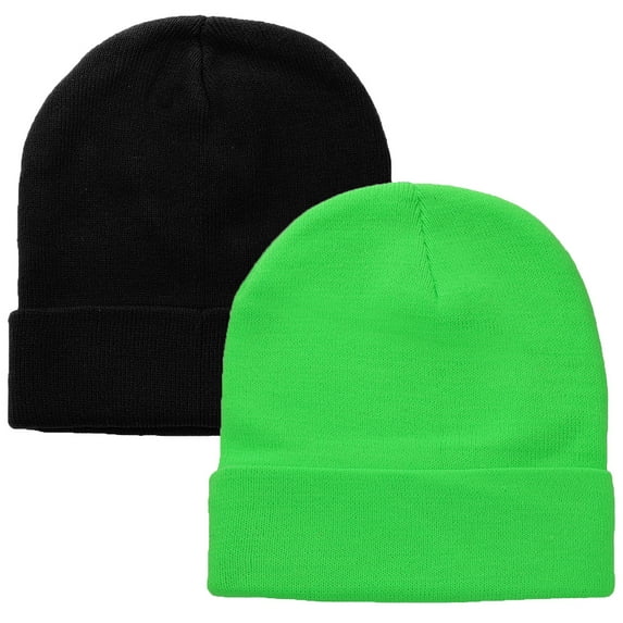 2 pcs Set Men Women Knitted Beanie Hat Ski Skully Cap Plain Solid Color Warm Great for Winter Black & Light Green