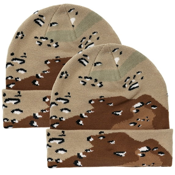 2 pcs Set Men Women Knitted Beanie Hat Ski Skully Cap Plain Solid Color Warm Great for Winter Desert Camouflage & Desert Camouflage