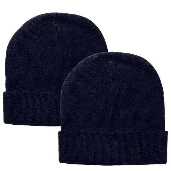 2 pcs Set Men Women Knitted Beanie Hat Ski Skully Cap Plain Solid Color Warm Great for Winter Navy & Navy