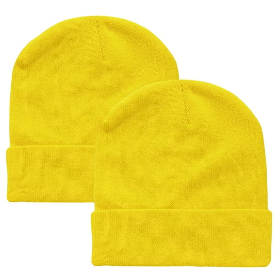 Falari 2 Pcs Men Women Skull Knitted Beanie Hat Plain Solid Color for Winter Yellow & Yellow