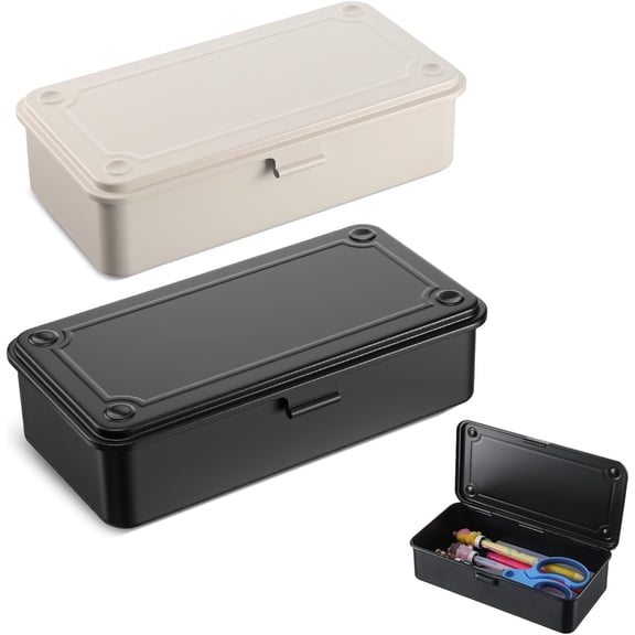 2 pcs Steel Storage Box with Hinged Lid, Metal Container for Scrapbook Stamps, Rectangular Empty Hinged Tool Box, Metal Storage Organizer for Pegs, Pens, Stationary (8 X 4 X 2 Inch)