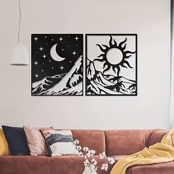2 pcs Sun and Moon Metal Wall Art Set, Abstract Celestial Wall Decor ...