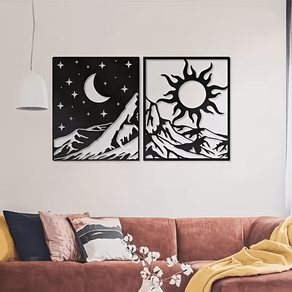 2 pcs Sun and Moon Metal Wall Art Set, Abstract Celestial Wall Decor