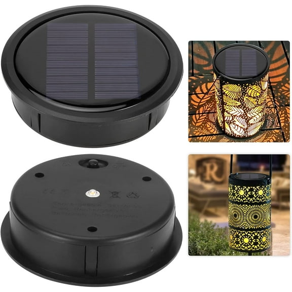 2 pcs Upgraded Solar Light Replacement Top for Outdoor Hanging Lanterns, 4.13 inch Warm White LED Solar Panel Lantern Lid Lights Parts, DIY Home Garden Night Decor Patio Lighting (Black - Round)