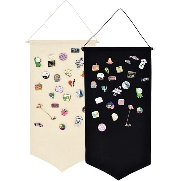 2 pcs Wall Hanging Jewelry Display Case - Brooch & Enamel Pin Organizer with Canvas Banner, Earring Necklace Holder, Glitter Collection Display Stand (Black,white)-dh