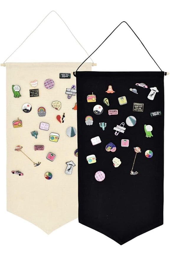 2 pcs Wall Hanging Jewelry Display Case - Brooch & Enamel Pin Organizer with Canvas Banner, Earring Necklace Holder, Glitter Collection Display Stand (Black,white)-dh
