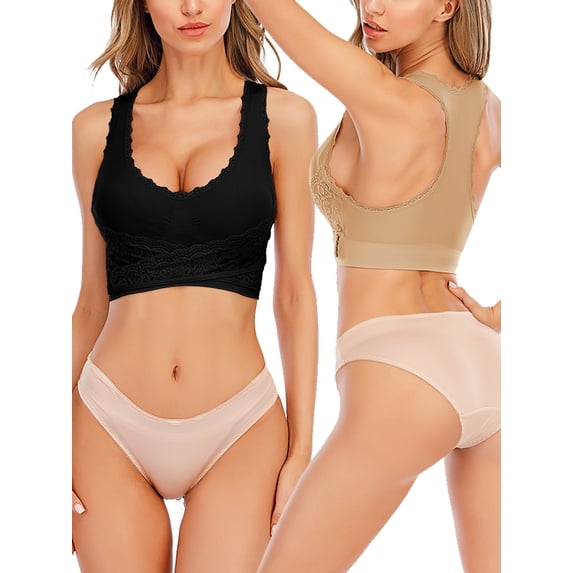 2 pcs Women Sexy Bra Lace Seamless Bra Sports Bras Adjustable Wireless Padded Sport Bra Adjustable Front Cross Side Buckle Lace Sports Bras with Removable Pads