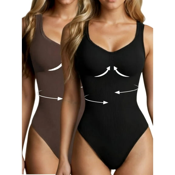 2 pcs Women's Ribbed Tummy Control Bodysuit - Seamless Sleeveless Shaping Camisole with Soft Stretch Fabric, Elegant Black for Casual Attire & Special Occasions, Body Shaping, Adjustable Fit