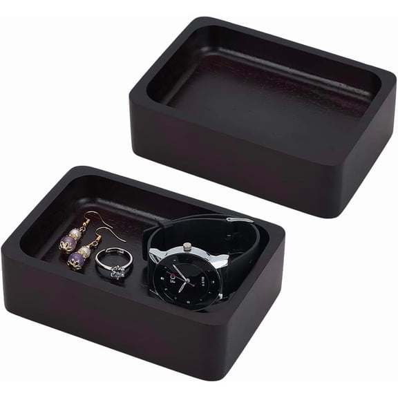 2 pcs Wood Ring Holder For Jewelry Wood Ring Dish Tray Black Engagement Ring Display Tray Rectangle Wedding Ring Holder For Anniversary Small Trinket Dish