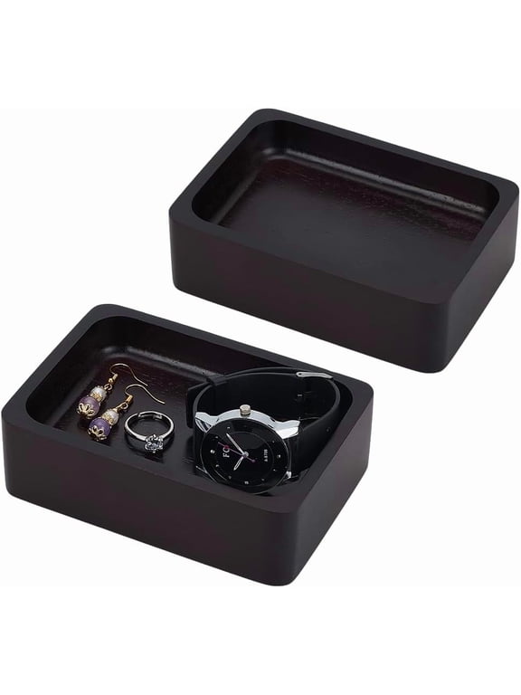 2 pcs Wood Ring Holder For Jewelry Wood Ring Dish Tray Black Engagement Ring Display Tray Rectangle Wedding Ring Holder For Anniversary Small Trinket Dish