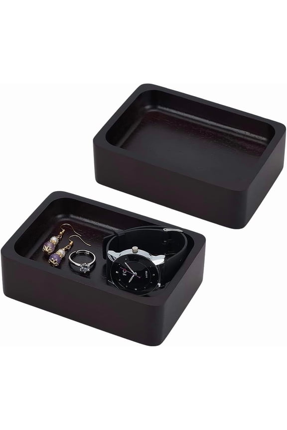 2 pcs Wood Ring Holder For Jewelry Wood Ring Dish Tray Black Engagement Ring Display Tray Rectangle Wedding Ring Holder For Anniversary Small Trinket Dish