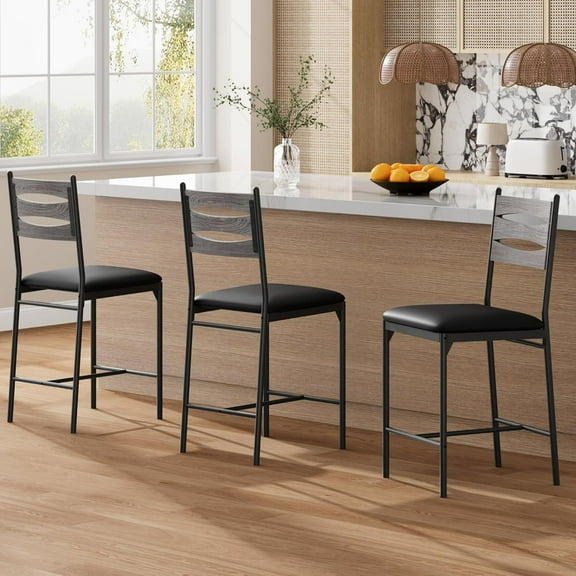 2 pcs Wooden Bar Stools with Faux Leather Upholstery - Backrest & Footrest, Thick Cushions for Kitchen/Apartment,Gray