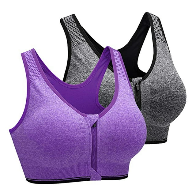 2 pcs Zipper in Front Sports Bra High Impact Strappy Back Support Workout Top-gray + fuchsia-M