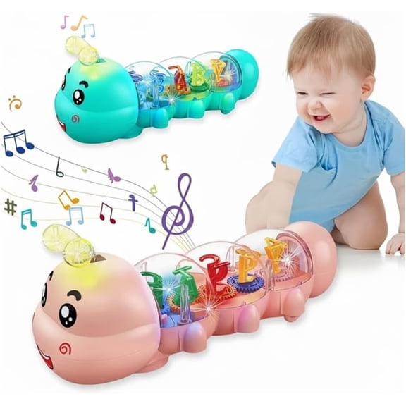 2 pcs aterpillar Design Tummy Time Toy, Crawling Toy with Light & Music Musical Light Up, Music Animal Toys, Captivating Light and Sound Effects, Birthday Gifts for Boys and Girl(Green+Pink)