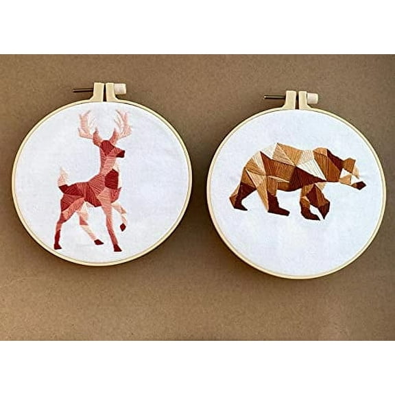 2 pcs of Stamped Cotton Hand Embroidery Kit, Geometric Animal Needlework Wall DIY Decor,Stunning Color Deer, Bear Printed Hand Embroidery Kits x2
