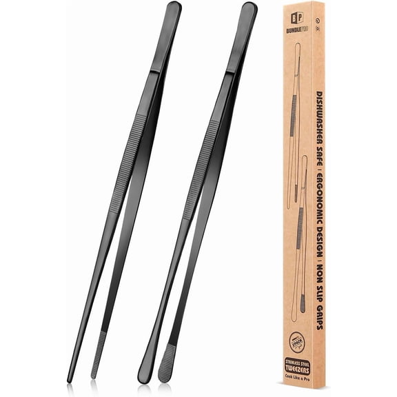 2-piece 12-inch kitchen tweezers fine tweezers, stainless steel professional long cooking tweezers, suitable for seafood, repair and serving (black)
