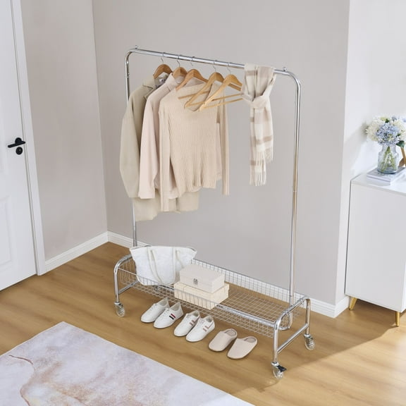 2-piece Garment Rack with Basket on 360° Silent Wheels Rolling Clothes Rack, Adjustable and Extendable Iron Clothes Rack