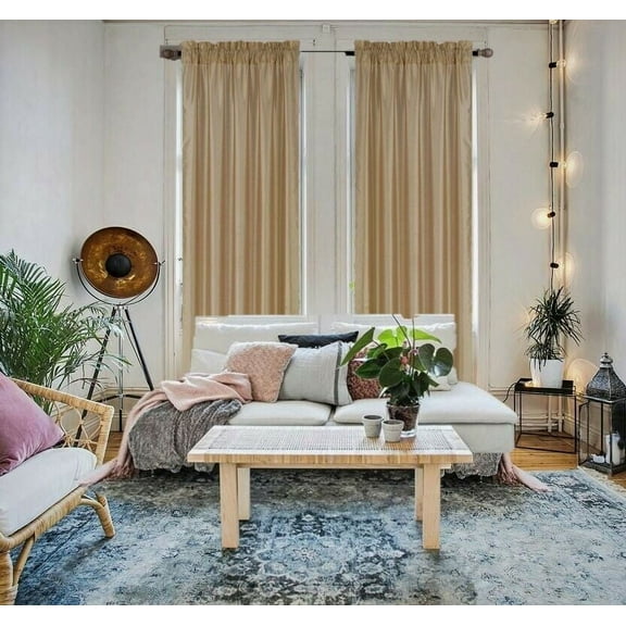 2 piece MR2 Semisheer faux silk solid window treatment curtain panel with rod pocket solid plain gold color for bedroom living room 55"x 84"