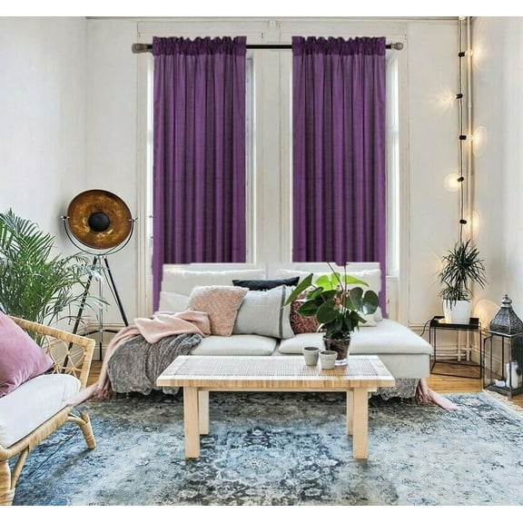 2 piece MR2 Semisheer faux silk solid window treatment curtain panel with rod pocket solid plain purple color for bedroom living room 55"x 84"