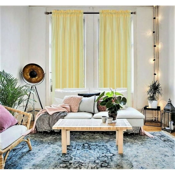 2 piece MR2 Semisheer faux silk solid window treatment curtain panel with rod pocket solid plain yellow color for bedroom living room 55"x 84"