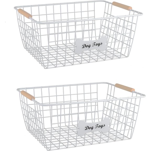 2-piece Metal Dog Toy Basket with Wooden Handles, Indestructible Dogs Toy Storage Bin, Dogs Organizer Box for Living Room-Chew Proof-Ideal for Outdoor and Indoor -White