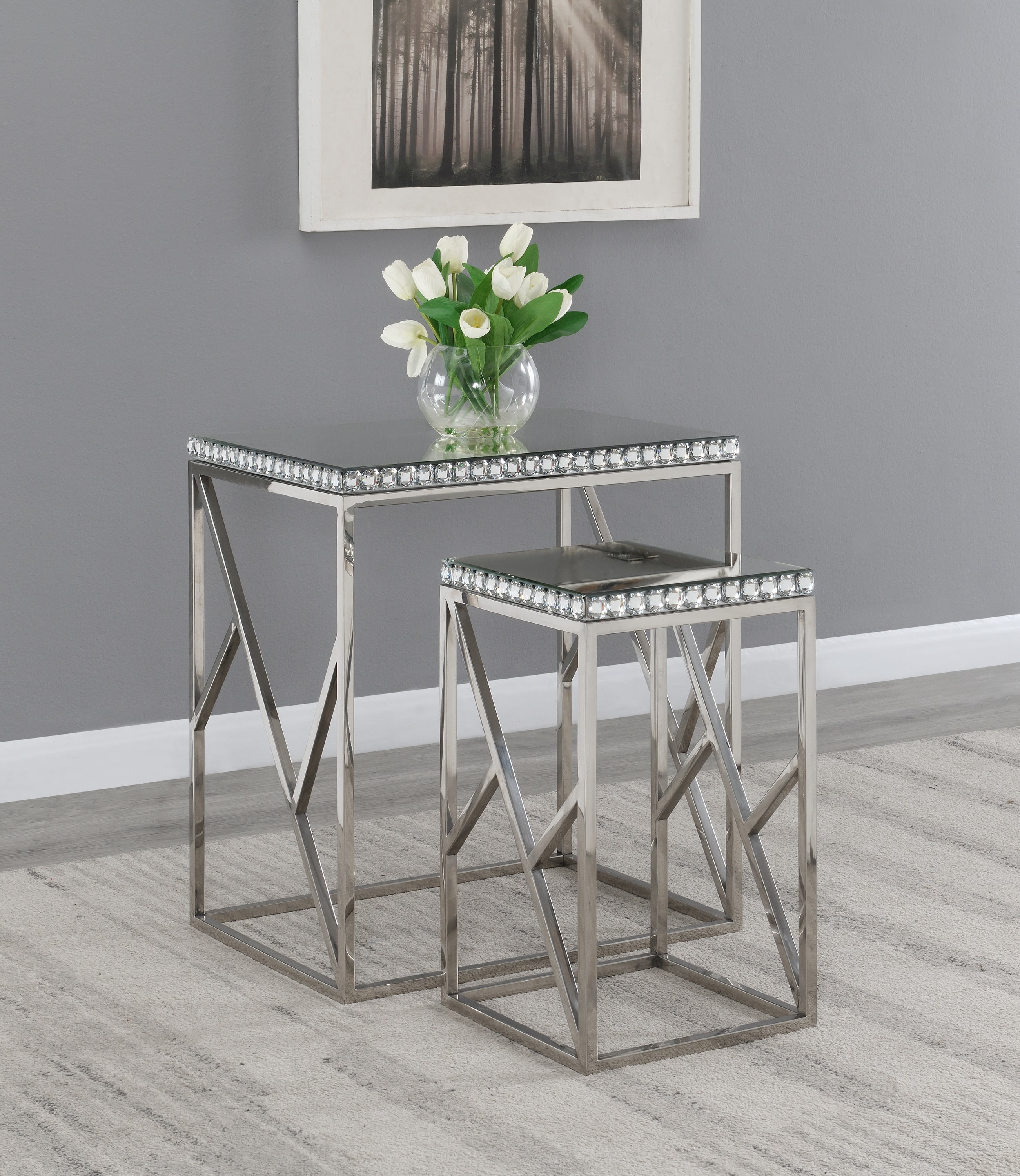 Eclat Geometric Silver Metal & Mirrored Glass Nesting Tables