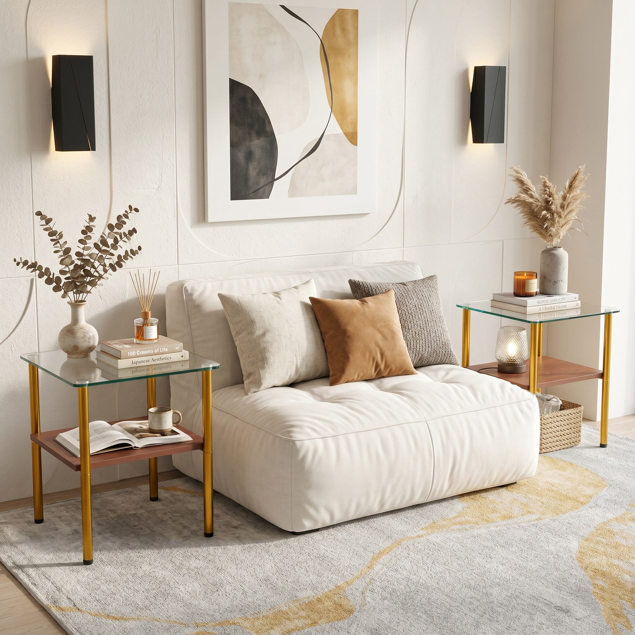 2-piece Modern Rectangular Glass Side Table, Tempered Glass Tabletop, MDF Storage Shelf & Metal Legs, Minimalist Sofa Side Table for Living Room & Bedroom