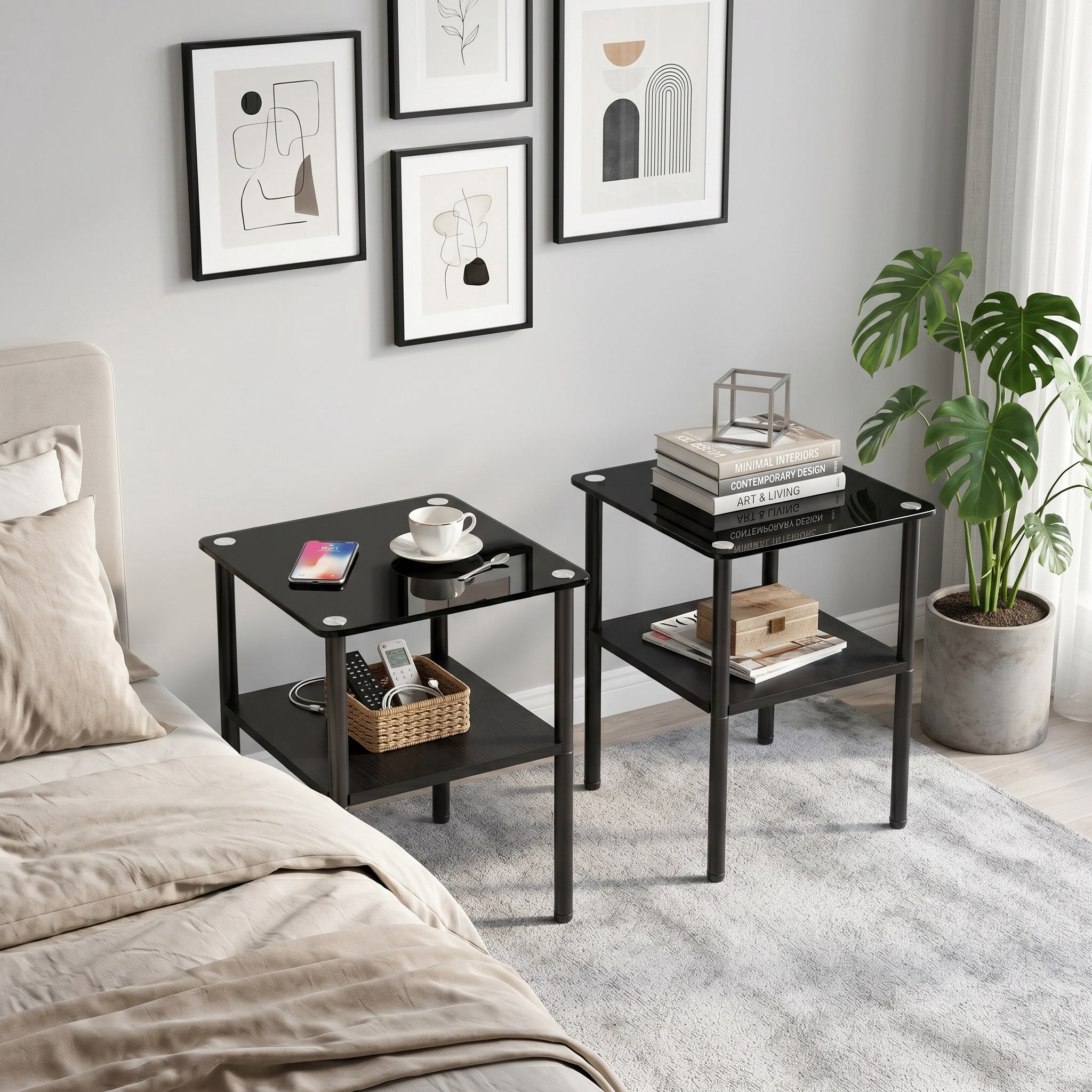 2-piece Modern Rectangular Glass Side Table, Tempered Glass Tabletop, MDF Storage Shelf & Metal Legs, Minimalist Sofa Side Table for Living Room & Bedroom