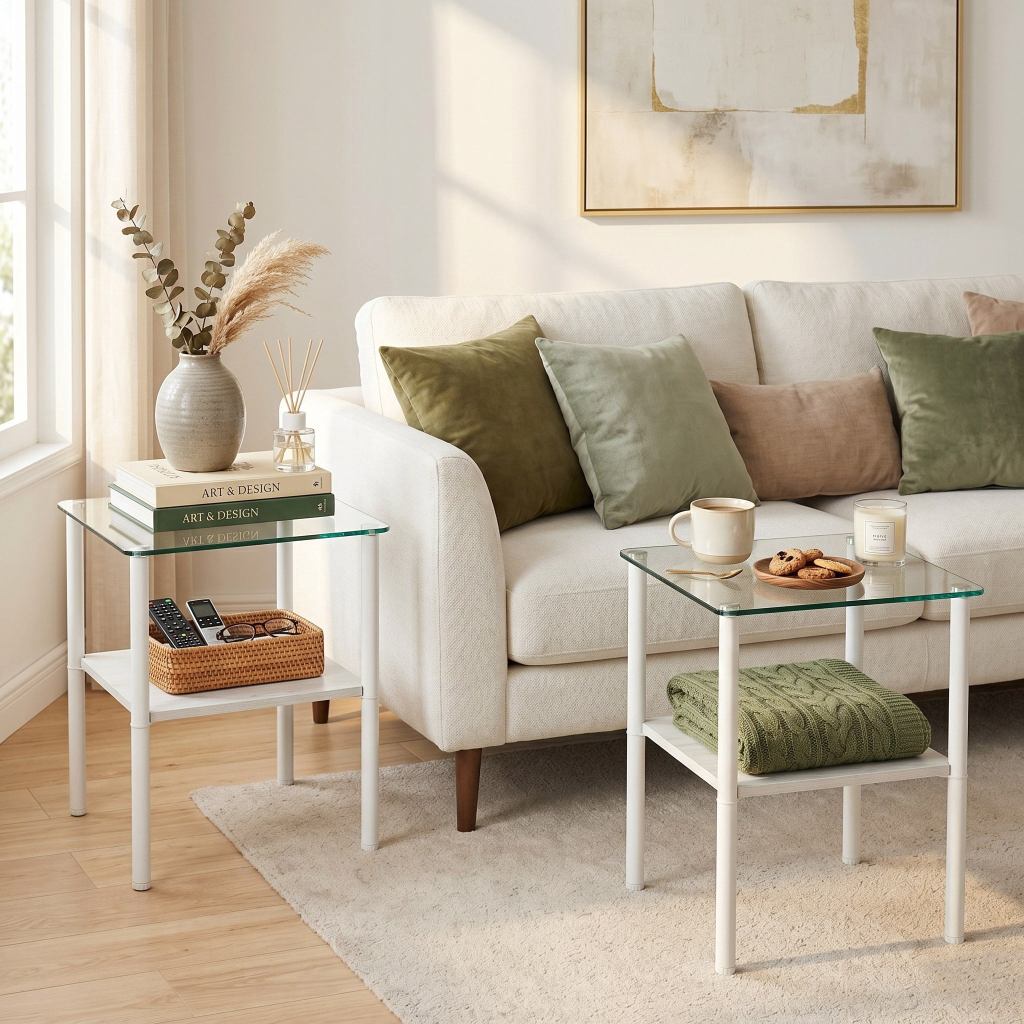 2-piece Modern Rectangular Glass Side Table, Tempered Glass Tabletop, MDF Storage Shelf & Metal Legs, Minimalist Sofa Side Table for Living Room & Bedroom
