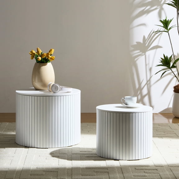 2-piece Nested White End Table Set, Hidden Storage - Organize Items in Living Room