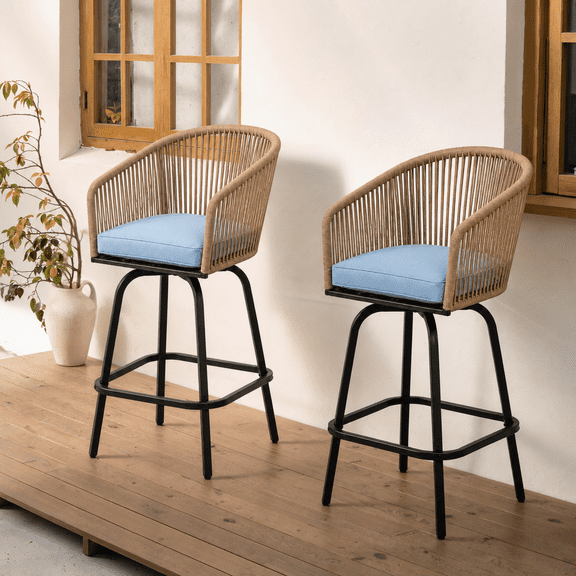 Patio Bar Stools Set of 2, Outdoor Rattan Bar Chair , Patio Height Tall Outdoor Stools with Armrests ,Backrest, suitable Backyard, Garden, Pool, Balcony and Deck- blue